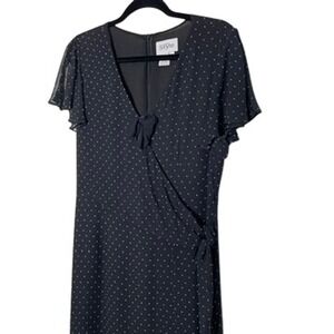 California Style‎ Midi Dress Women 12P Black Polka Dot Silk Flutter Sleeve Retro